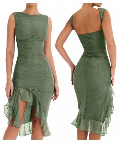 Women's Elegant Bodycon Midi Dress Sleeveless Mesh Frill Hem Mermaid Tail Summer Tank Dress Cocktail Party Green $21.83 Dresses