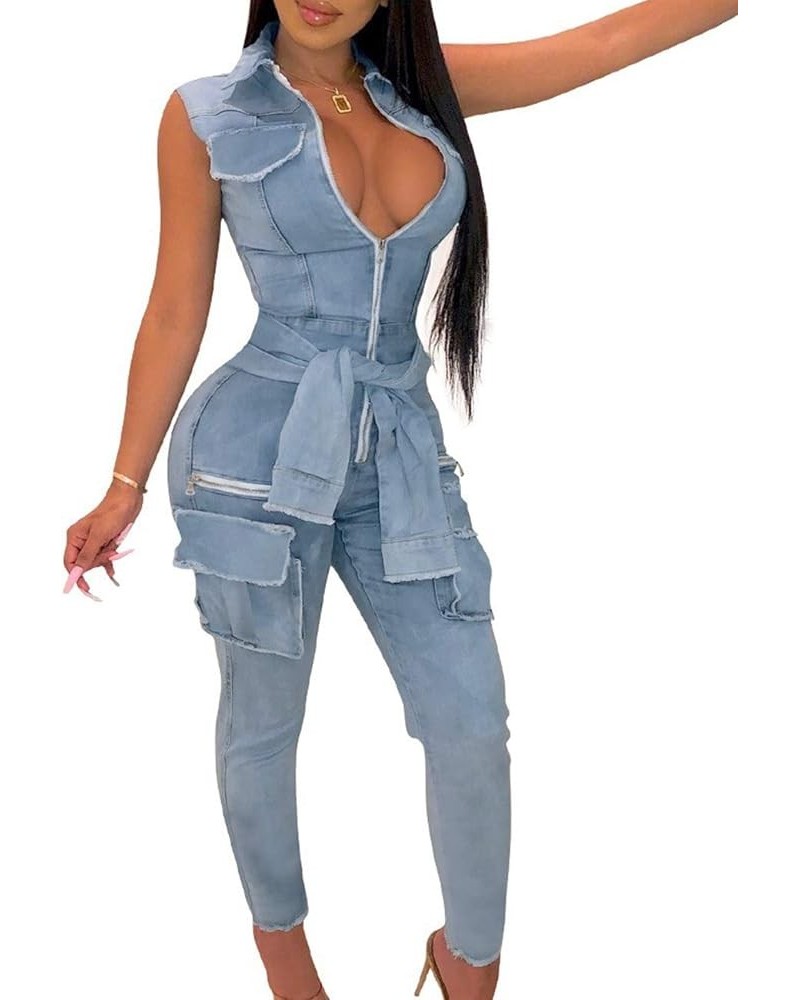 Women’s Sexy Short Sleeve Night Club Denim Jumpsuits Rompers Mini Shorts One Piece Stretchy Rompers with Pocket B-blue $24.59...