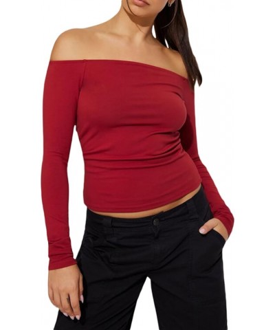 Women Long Sleeve Top Y2k Solid Color Crewneck Slim Fitted Going Out T Shirts Xmas Valentines Day Baisc Crop Tops B Red Off S...