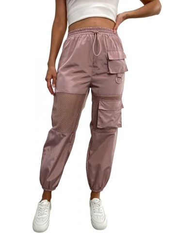 Women's High Waisted Sporty Drawstring Mesh Paneled Cargo Pants Dusty Pink $16.34 Pants