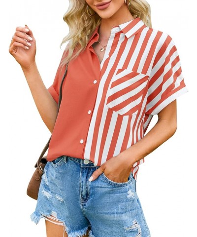 Blouses for Women Short Sleeve Button Down Shirts Casual V Neck Pockets Loose Collared Summer Tops Orange $8.54 Blouses