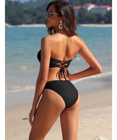 Women's Strapless Twist Bandeau Bikini 2 Piece Swimwear Cheeky Solid Lace up Bathing Suits 1-black $19.79 Swimsuits