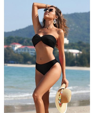 Women's Strapless Twist Bandeau Bikini 2 Piece Swimwear Cheeky Solid Lace up Bathing Suits 1-black $19.79 Swimsuits