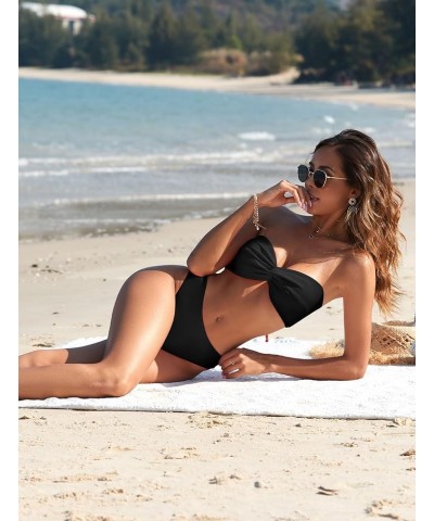 Women's Strapless Twist Bandeau Bikini 2 Piece Swimwear Cheeky Solid Lace up Bathing Suits 1-black $19.79 Swimsuits