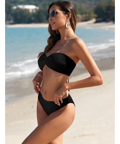 Women's Strapless Twist Bandeau Bikini 2 Piece Swimwear Cheeky Solid Lace up Bathing Suits 1-black $19.79 Swimsuits