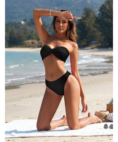 Women's Strapless Twist Bandeau Bikini 2 Piece Swimwear Cheeky Solid Lace up Bathing Suits 1-black $19.79 Swimsuits