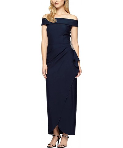 Women's Slimming Long Side Ruched Dress with Cascade Ruffle Skirt Off Shoulder Navy $74.60 Dresses