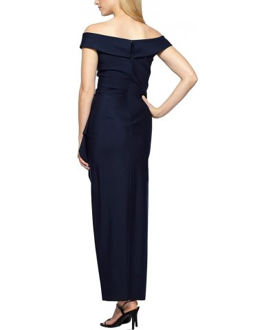 Women's Slimming Long Side Ruched Dress with Cascade Ruffle Skirt Off Shoulder Navy $74.60 Dresses