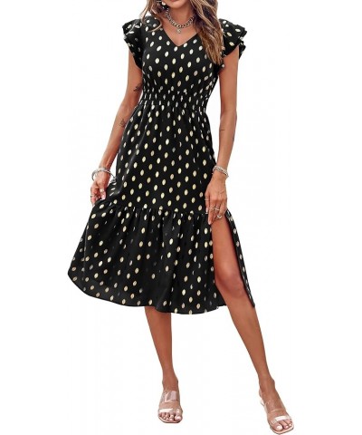 Women Polka Dot Ruffle Sleeveless V Neck Flowy Midi Elegant Split A Line Beach Party Cocktail Dress Dot-black $10.31 Dresses