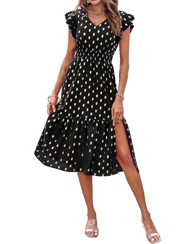 Women Polka Dot Ruffle Sleeveless V Neck Flowy Midi Elegant Split A Line Beach Party Cocktail Dress Dot-black $10.31 Dresses