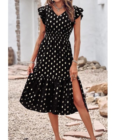 Women Polka Dot Ruffle Sleeveless V Neck Flowy Midi Elegant Split A Line Beach Party Cocktail Dress Dot-black $10.31 Dresses