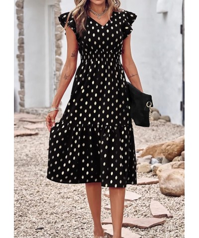 Women Polka Dot Ruffle Sleeveless V Neck Flowy Midi Elegant Split A Line Beach Party Cocktail Dress Dot-black $10.31 Dresses