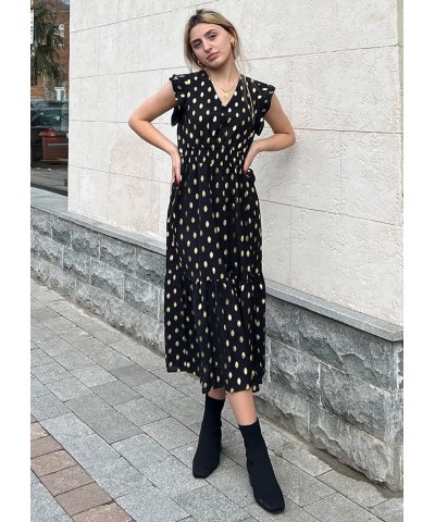 Women Polka Dot Ruffle Sleeveless V Neck Flowy Midi Elegant Split A Line Beach Party Cocktail Dress Dot-black $10.31 Dresses