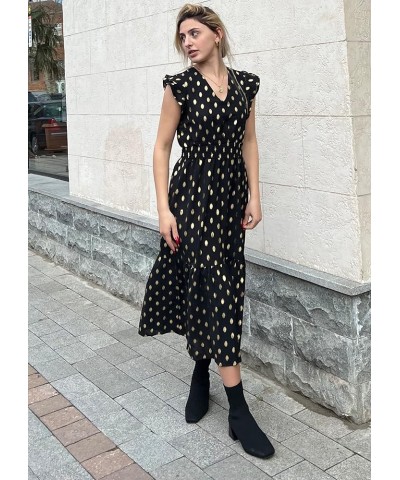 Women Polka Dot Ruffle Sleeveless V Neck Flowy Midi Elegant Split A Line Beach Party Cocktail Dress Dot-black $10.31 Dresses