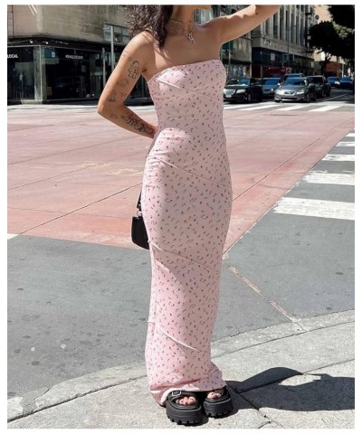 Women Sexy Strapless Maxi Tube Dress Off Shoulder Bodycon Long Dress Cut Out Open Back Party Dress Y2K Clubwear Zb-pink Flora...