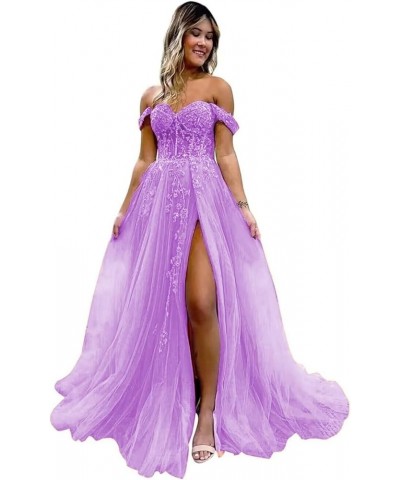 Off The Shoulder Tulle Prom Dresses with Slit Laces Applique Sweetheart Long Formal Evening Party Gowns Lilac $46.19 Dresses