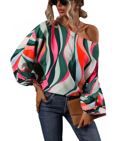 Women's Allover Print Bishop Long Sleeve Blouse Asymmetrical Neck Casual Shirt Top Multicolor $17.66 Blouses