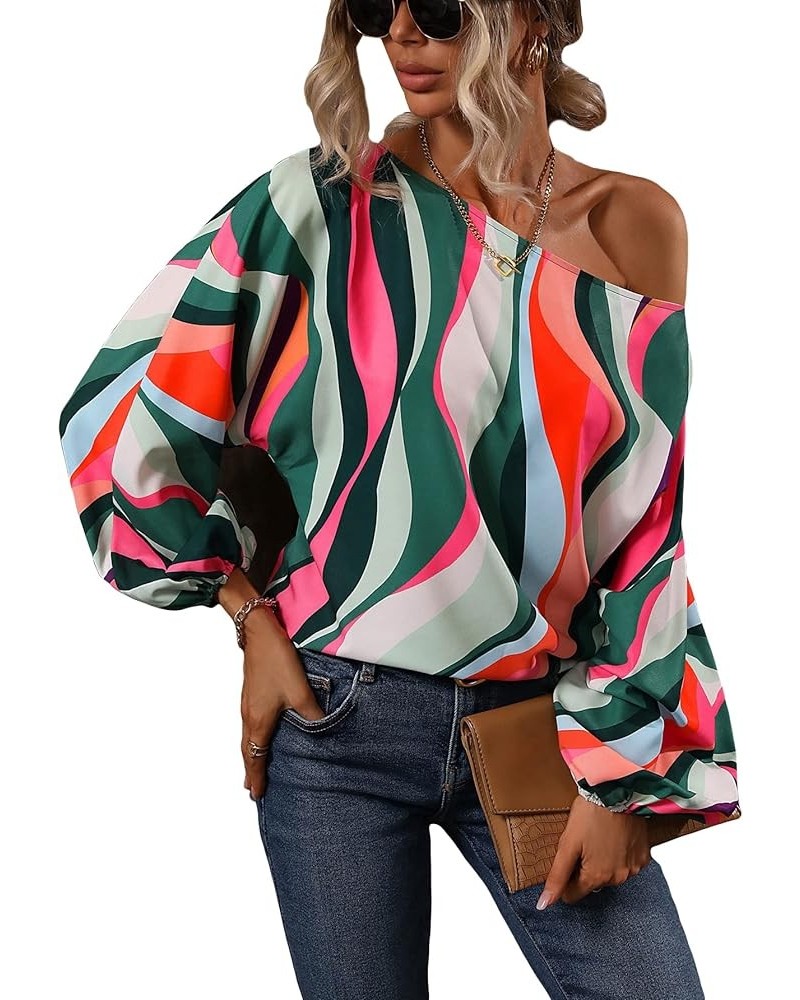 Women's Allover Print Bishop Long Sleeve Blouse Asymmetrical Neck Casual Shirt Top Multicolor $17.66 Blouses