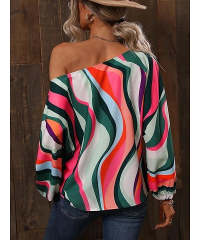 Women's Allover Print Bishop Long Sleeve Blouse Asymmetrical Neck Casual Shirt Top Multicolor $17.66 Blouses