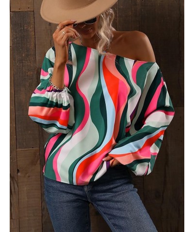 Women's Allover Print Bishop Long Sleeve Blouse Asymmetrical Neck Casual Shirt Top Multicolor $17.66 Blouses