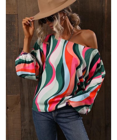 Women's Allover Print Bishop Long Sleeve Blouse Asymmetrical Neck Casual Shirt Top Multicolor $17.66 Blouses