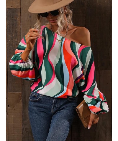 Women's Allover Print Bishop Long Sleeve Blouse Asymmetrical Neck Casual Shirt Top Multicolor $17.66 Blouses