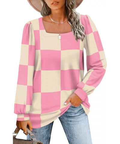 Tunic Tops for Women Loose Fit Long Sleeve Shirts Square Neck Tops 25- Pink Plaid $15.75 Tops