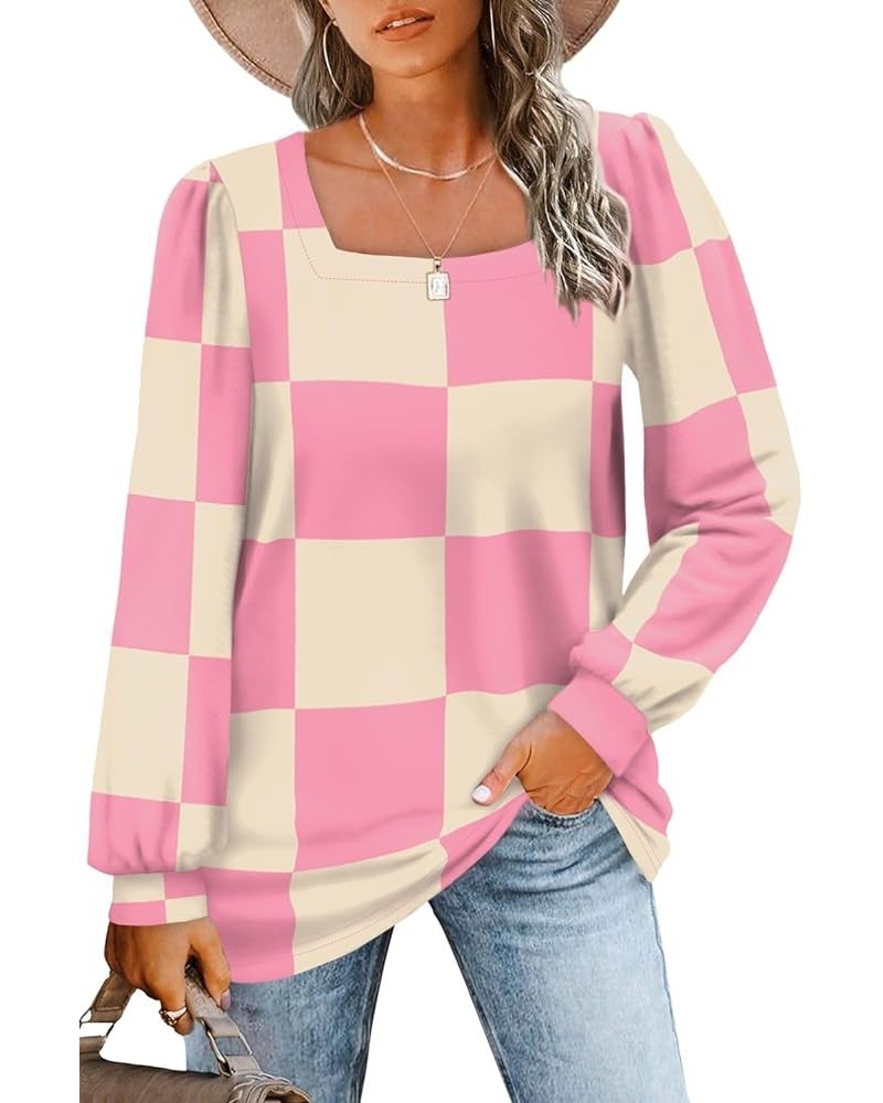 Tunic Tops for Women Loose Fit Long Sleeve Shirts Square Neck Tops 25- Pink Plaid $15.75 Tops