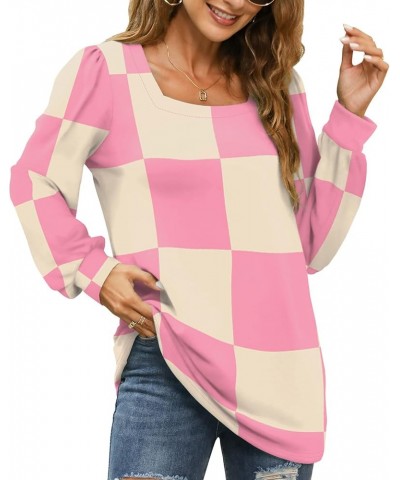 Tunic Tops for Women Loose Fit Long Sleeve Shirts Square Neck Tops 25- Pink Plaid $15.75 Tops