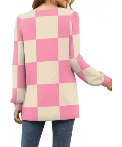 Tunic Tops for Women Loose Fit Long Sleeve Shirts Square Neck Tops 25- Pink Plaid $15.75 Tops