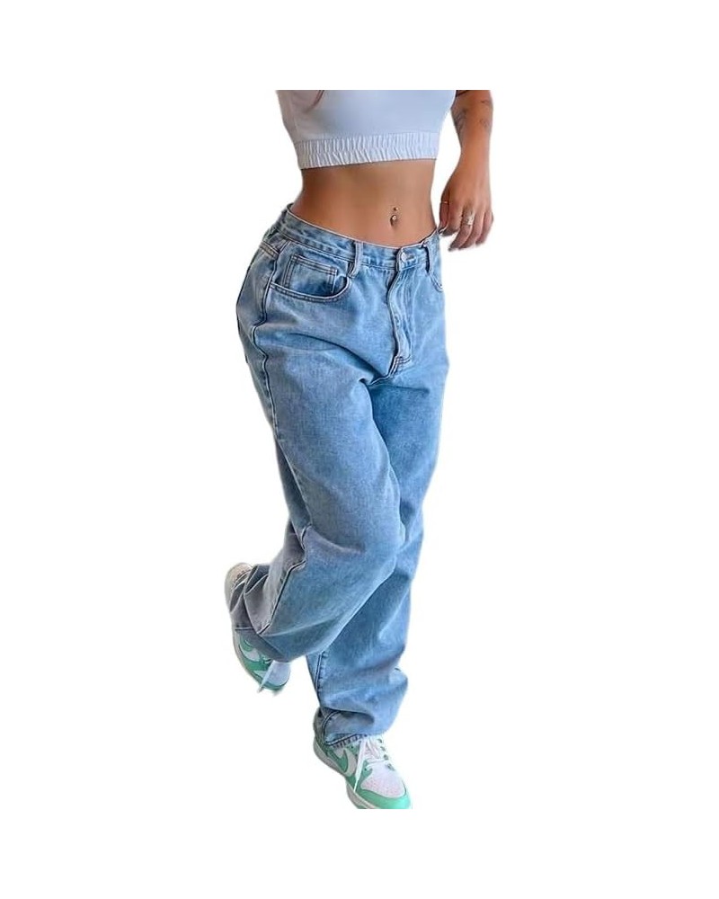 High Waist Baggy Cargo Jeans for Women's Flap Pocket Straight Leg Denim Pants Y2K Boyfriend Jean Pants Trousers Light Blue J ...