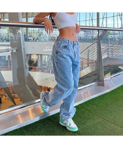 High Waist Baggy Cargo Jeans for Women's Flap Pocket Straight Leg Denim Pants Y2K Boyfriend Jean Pants Trousers Light Blue J ...