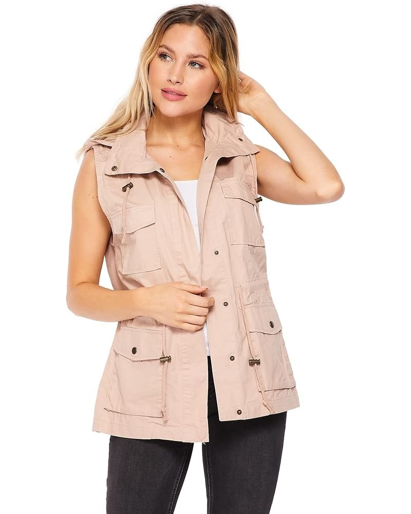 Womens Sleeveless Hooded Anorak Cotton Cargo Utility Safari Military Snap Fashion Vest w/Pockets Blush $19.00 Jackets