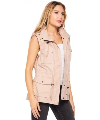 Womens Sleeveless Hooded Anorak Cotton Cargo Utility Safari Military Snap Fashion Vest w/Pockets Blush $19.00 Jackets