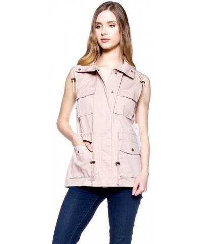 Womens Sleeveless Hooded Anorak Cotton Cargo Utility Safari Military Snap Fashion Vest w/Pockets Blush $19.00 Jackets