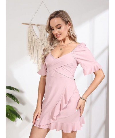 Women Sexy See Through Sheer Mesh Puff Sleeves Backless Club Mini Dress Bodycon Party Dresses Clubwear A Pink $13.49 Dresses