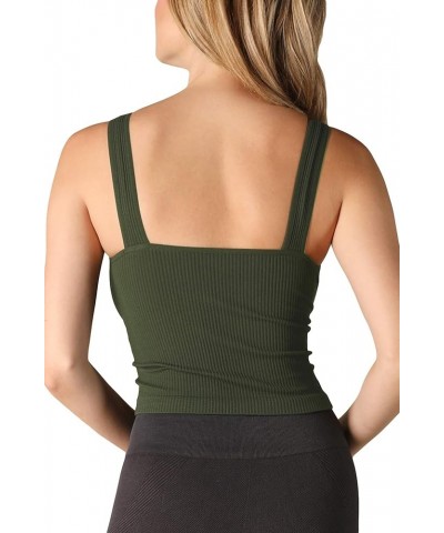 Women Seamless V-Neck Ribbed Crop Top, Made in U.S.A, One Size Olive Green $18.67 Tanks