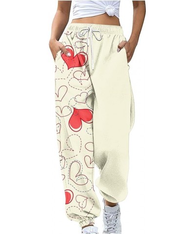 Women's Valentine's Day Pants Drawstring Heart Shaped Love Printing Long Sweatpants Pockets Loose Fit Trousers Lm15-beige $10...