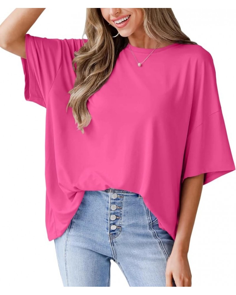 Womens Oversized Half Sleeve T Shirts Crew Neck Casual Loose Summer Basic Tee Tops Rose Red $11.75 T-Shirts