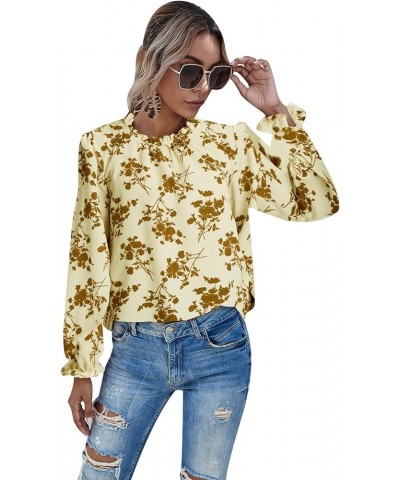 Women's Floral Print Flounce Long Sleeve Mock Neck Work Blouses Tops Black L Apricot Floral $12.31 Blouses