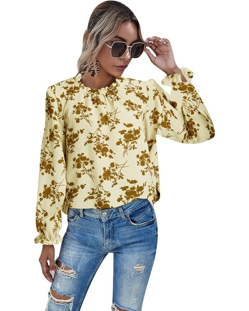 Women's Floral Print Flounce Long Sleeve Mock Neck Work Blouses Tops Black L Apricot Floral $12.31 Blouses