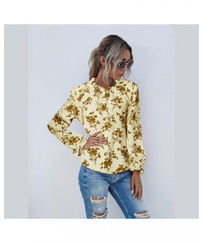 Women's Floral Print Flounce Long Sleeve Mock Neck Work Blouses Tops Black L Apricot Floral $12.31 Blouses