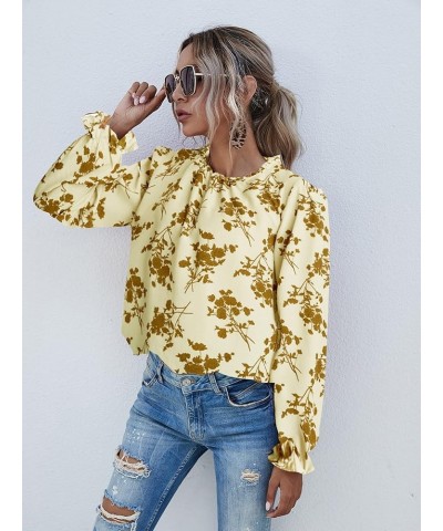 Women's Floral Print Flounce Long Sleeve Mock Neck Work Blouses Tops Black L Apricot Floral $12.31 Blouses