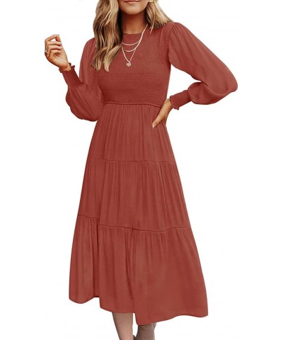 Women's Casual Long Sleeve Crewneck Smocked Boho Dress High Waist A-Line Ruffle Frill Tiered Swing Midi Dress(Rust,M) $11.75 ...