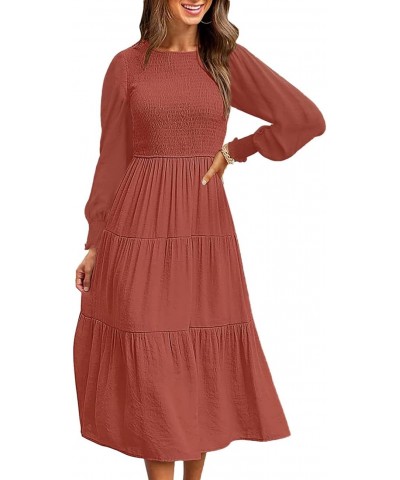 Women's Casual Long Sleeve Crewneck Smocked Boho Dress High Waist A-Line Ruffle Frill Tiered Swing Midi Dress(Rust,M) $11.75 ...