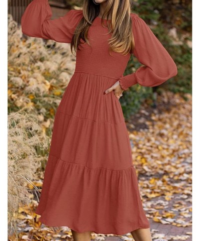 Women's Casual Long Sleeve Crewneck Smocked Boho Dress High Waist A-Line Ruffle Frill Tiered Swing Midi Dress(Rust,M) $11.75 ...