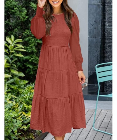 Women's Casual Long Sleeve Crewneck Smocked Boho Dress High Waist A-Line Ruffle Frill Tiered Swing Midi Dress(Rust,M) $11.75 ...