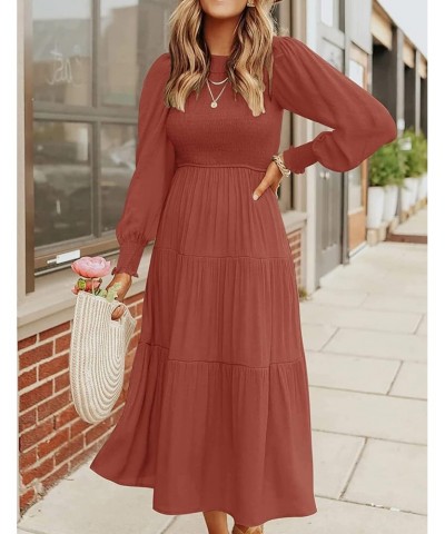 Women's Casual Long Sleeve Crewneck Smocked Boho Dress High Waist A-Line Ruffle Frill Tiered Swing Midi Dress(Rust,M) $11.75 ...