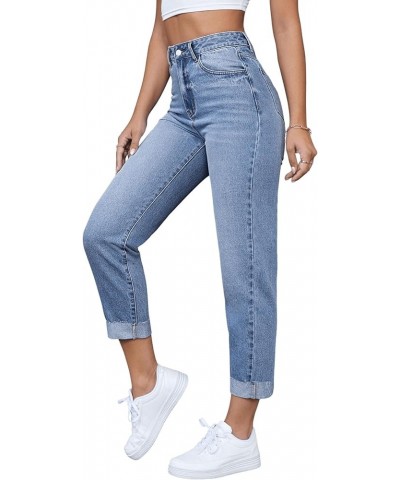 Women's High Waist Bleach Wash Roll Hem Mom Fit Zipper Fly Jeans with Pocket Light Wash $27.43 Jeans