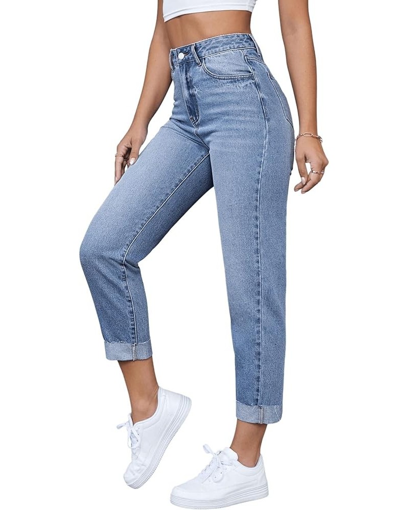 Women's High Waist Bleach Wash Roll Hem Mom Fit Zipper Fly Jeans with Pocket Light Wash $27.43 Jeans